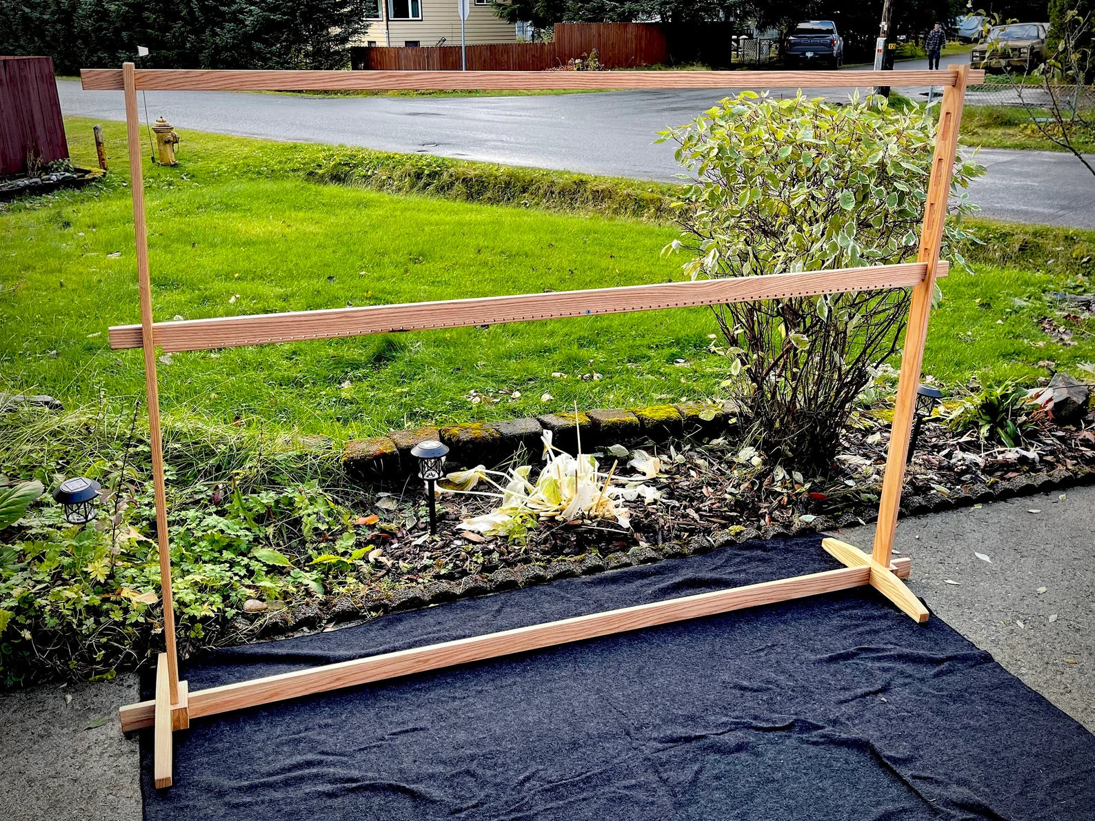 A large wooden weaving loom.