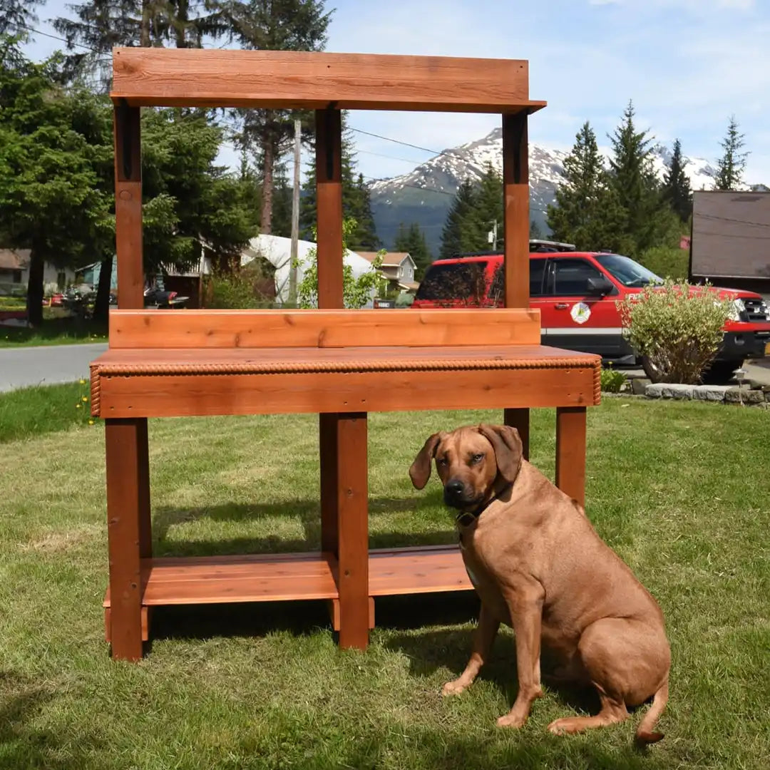 Wooden work bench with a dog sitting in front of it, surrounded by greenery and mountains.