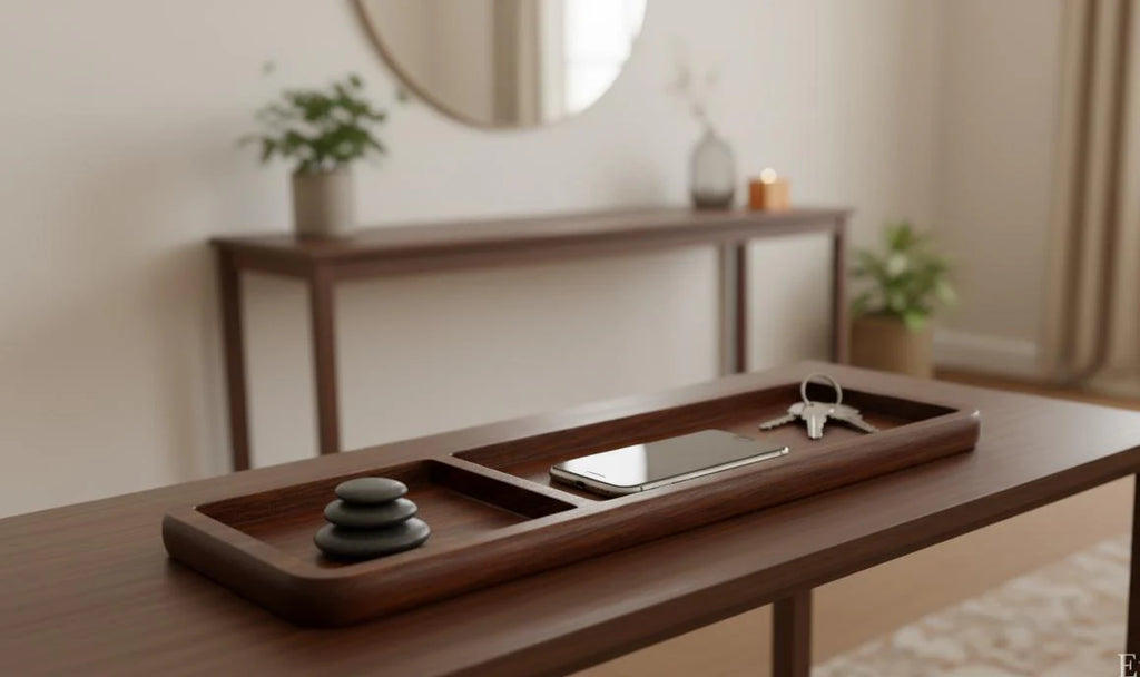 Wooden tray with phone, keys, and stones on a wooden surface in a room.