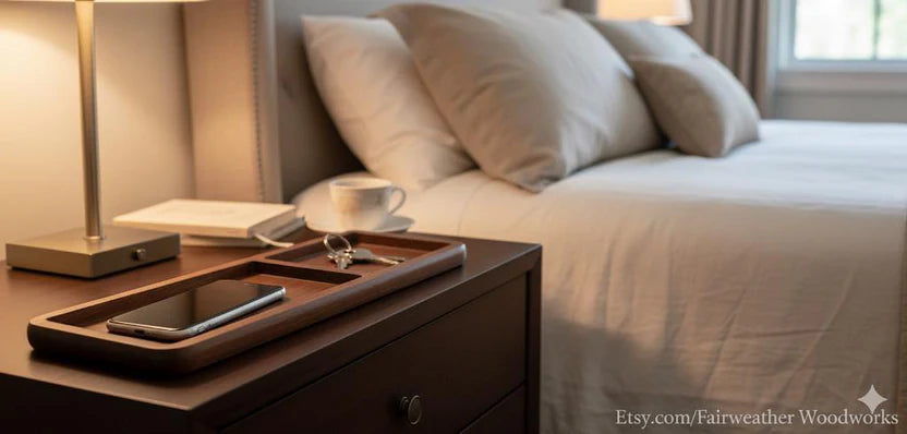 Wooden tray on a nightstand next to a bed with pillows and a lamp.