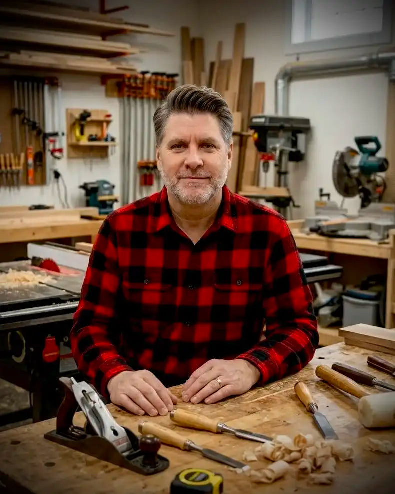 Man in a red and black checkered shirt sitting at a workbench in a workshop.
